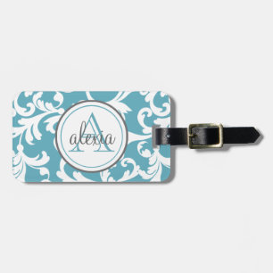 Ocean Blue Monogrammed Damask Skriv ut Bagagebricka