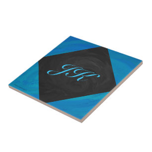 Ocean Blue och Black Monogram Kakelplatta