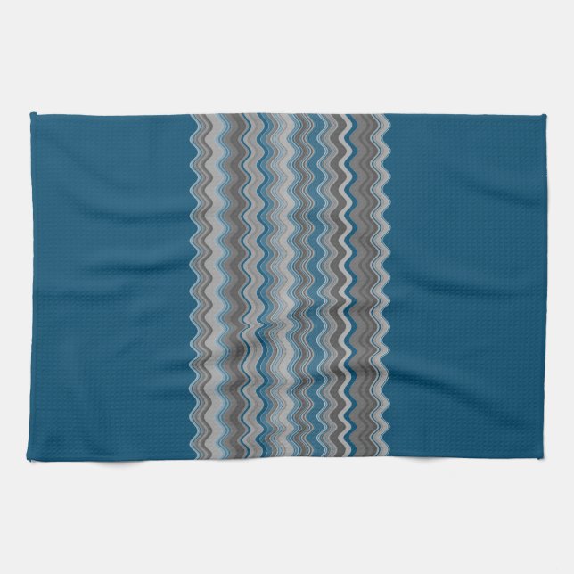 Ocean Blue Silver Grått Grått  Vågigt Zigzag Mönst Kökshandduk (Horisontell)