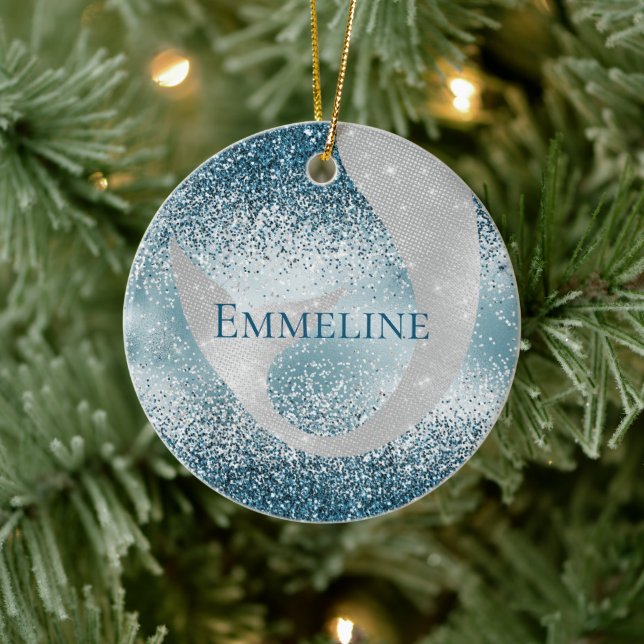 Ocean Blue Silver Sjöjungfru Gnistra Glitter Julgransprydnad Keramik (Träd)