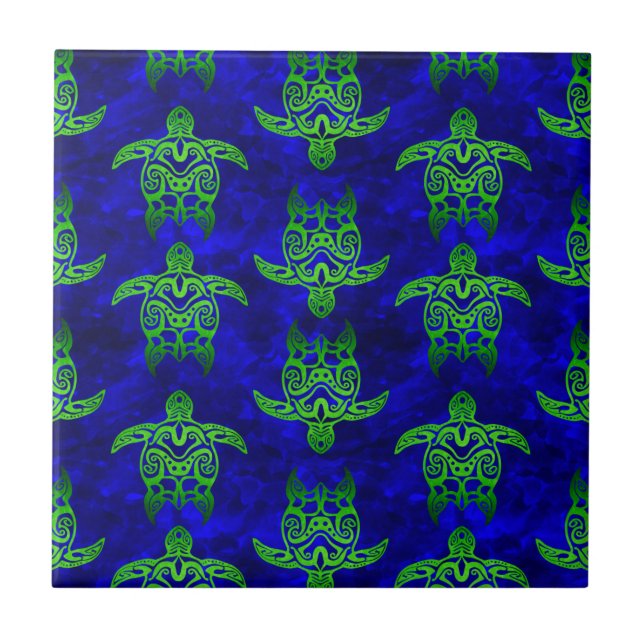 Ocean Blue Tribal Green Sea Turtles Kakelplatta (Framsidan)