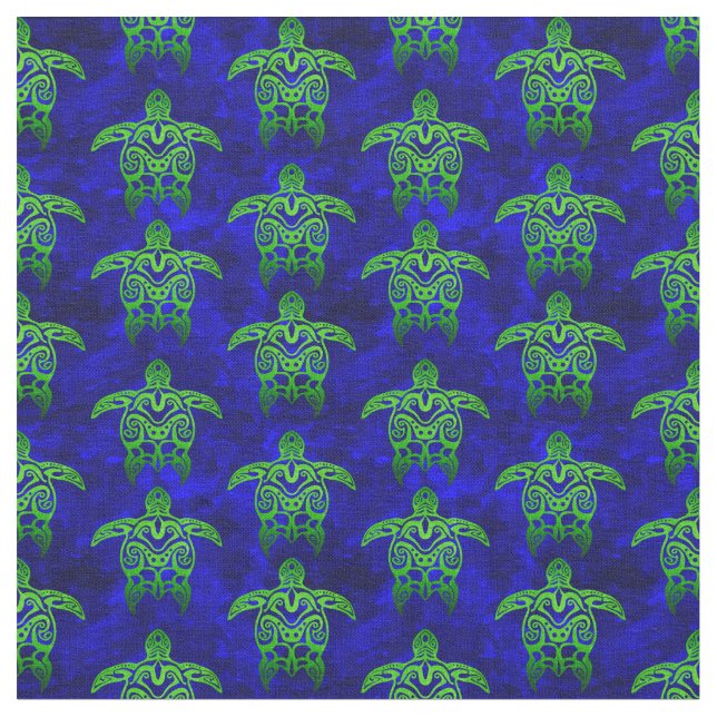 Ocean Blue Tribal Grönt Sea Turtles Tyg (Närbild)