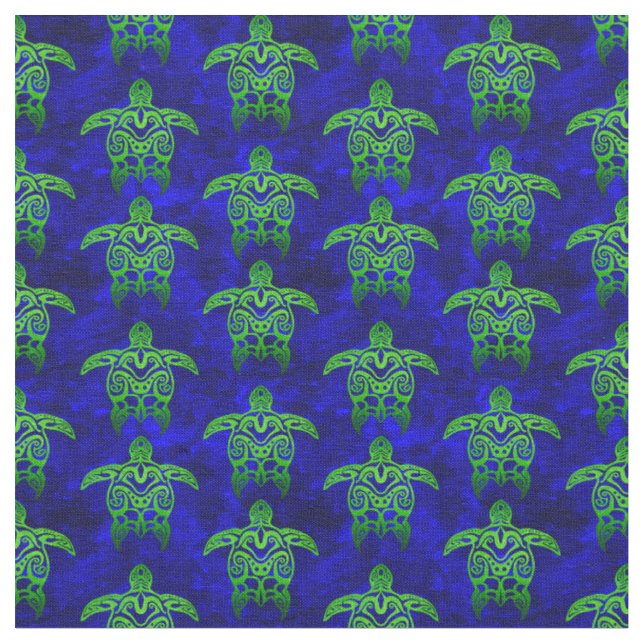 Ocean Blue Tribal Grönt Sea Turtles Tyg (Närbild)