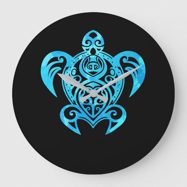 Ocean Blue Tribal Hawaiian Sea Turtle Stor Klocka (Framsida)