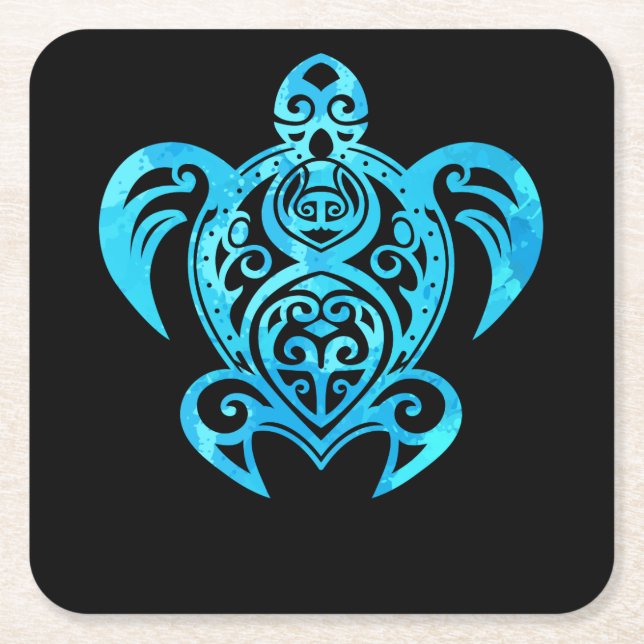 Ocean Blue Tribal Hawaiian Sea Turtle Underlägg Papper Kvadrat (Framsidan)
