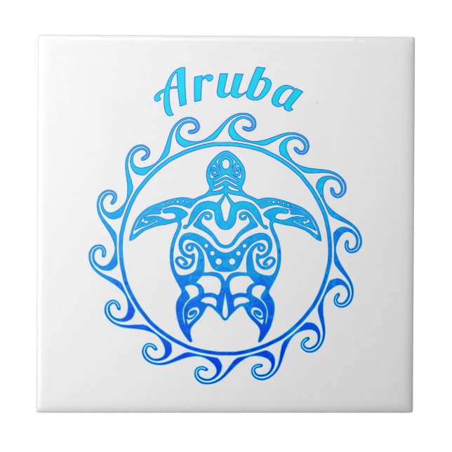Ocean Blue Tribal Turtle Aruba Kakelplatta (Framsidan)