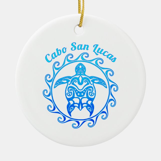 Ocean Blue Tribal Turtle Cabo San Lucas Julgransprydnad Keramik (Framsidan)