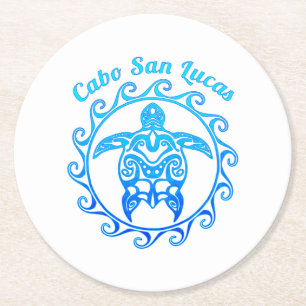 Ocean Blue Tribal Turtle Cabo San Lucas Underlägg Papper Rund