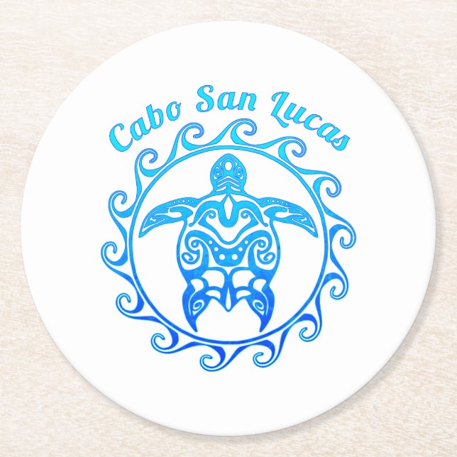 Ocean Blue Tribal Turtle Cabo San Lucas Underlägg Papper Rund (Framsidan)