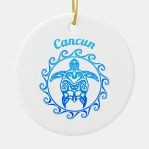 Ocean Blue Tribal Turtle Cancun Julgransprydnad Keramik
