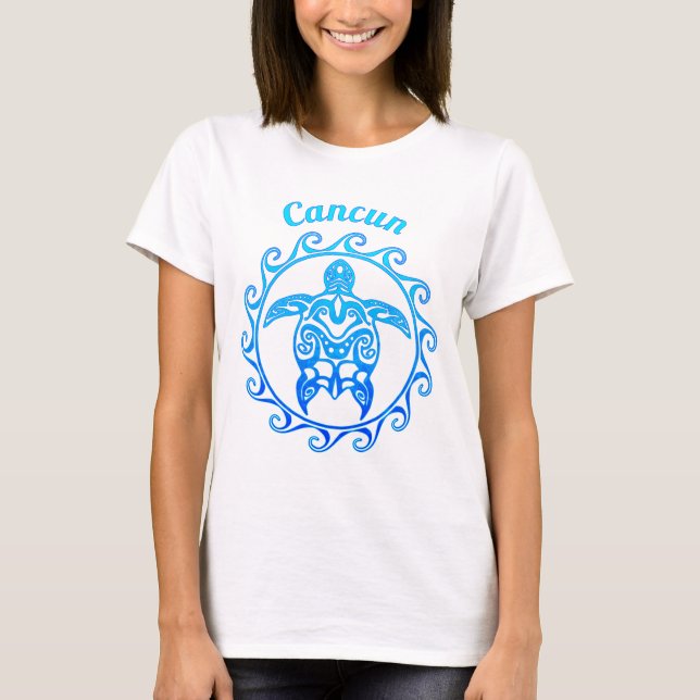 Ocean Blue Tribal Turtle Cancun T Shirt (Framsida)