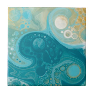 Ocean Blue Vågar och Sandy Brown Fluid Art Kakelplatta
