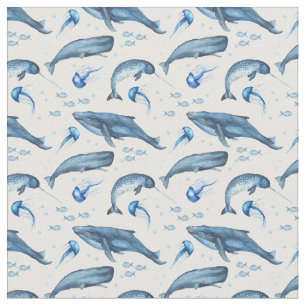 Ocean Blue Whale Jellyfish Mönster Tyg