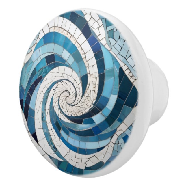 Ocean Blue Whirl Swirly Sea Abstrakt Faux Mosaic Knopp (Höger)
