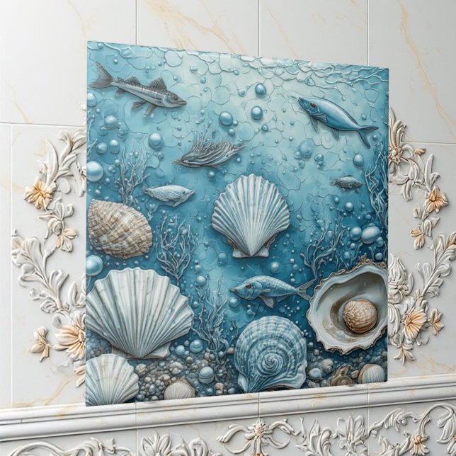 Ocean Bubble Aquatic Fish Seashell Underwater Art Kakelplatta (Ocean Bubble Aquatic Fish Seashell Underwater Art Ceramic Tile)