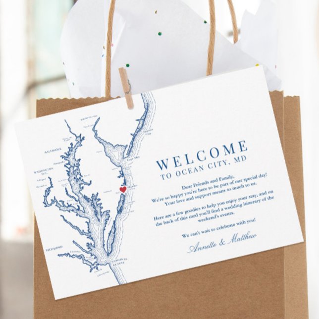 Ocean City Maryland Bröllop Welcome och Itinerary Tack Kort (These Ocean City MD wedding welcome cards include your wedding weekend events on the back)