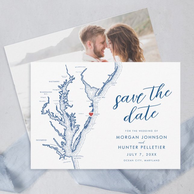Ocean City Maryland Karta minimal Modern Bröllop Spara Datumet (Ocean City Maryland Map Save the Dates with minimal modern navy blue script from Coastal Map Designs)