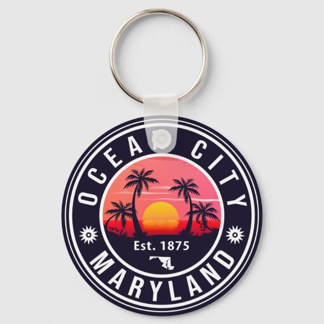 Ocean City Maryland Retro Sunset Souvenirs 60 Nyckelring (Framsida)