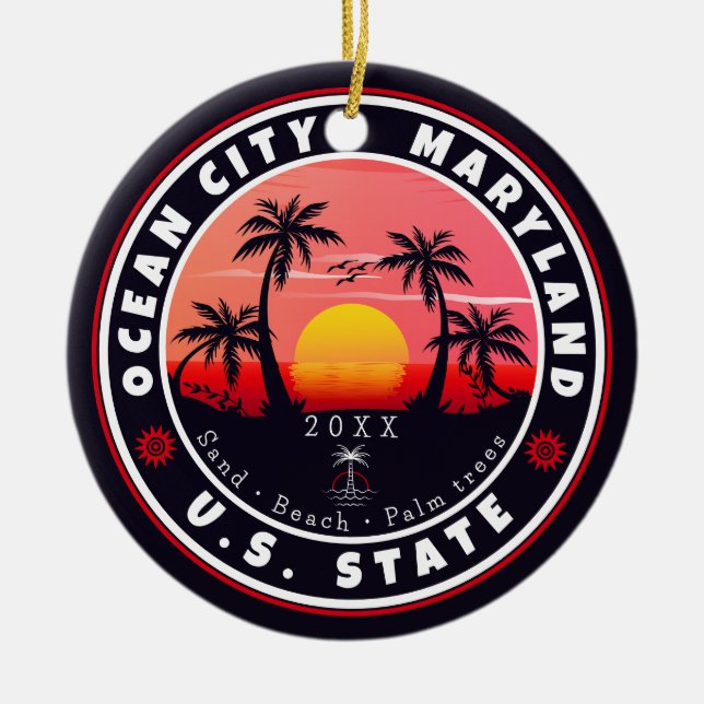 Ocean City Maryland Retro Sunset Souvenirs 80-tale Julgransprydnad Keramik (Framsidan)
