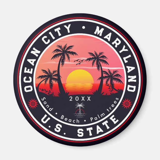 Ocean City Maryland Retro Sunset Souvenirs 80-tale Magnet (Framsidan)