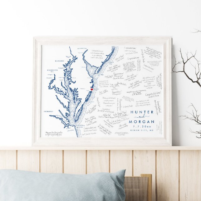 Ocean City MD Bröllop Modern Karta Guest Bok Poste Poster (This Ocean City Maryland map poster makes a perfect guest book for your destination wedding)