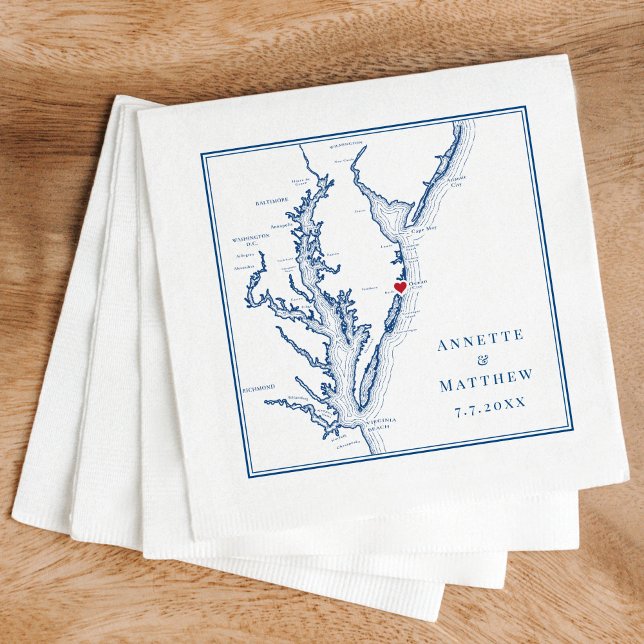 Ocean City MD Elegant Navy Blue Karta Bröllop Pappersservett (These Ocean City, MD map cocktail napkins are perfect for your Maryland destination wedding.)
