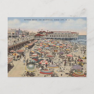 Ocean City NJ Bathing Beach and Boardpromenad 1939 Vykort