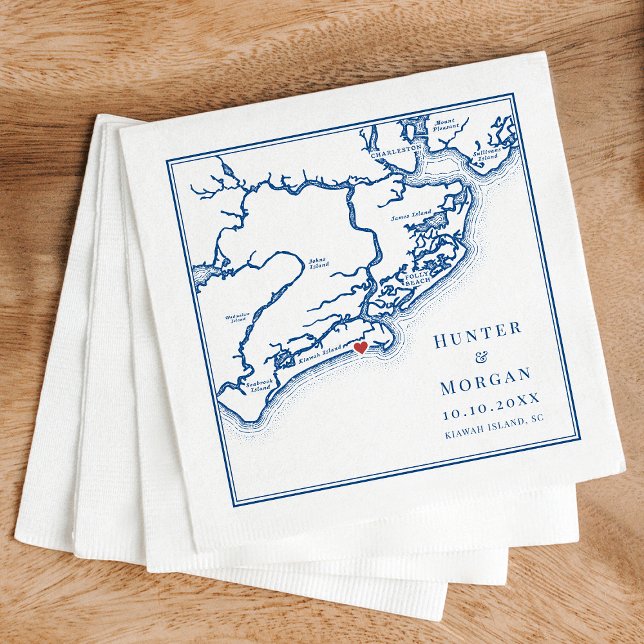 Ocean Course Bröllop Kiawah Island SC Karta Blå Pappersservett (Kiawah Island SC Map Napkins for an Elegant Navy Blue Destination Wedding from Coastal Map Designs)
