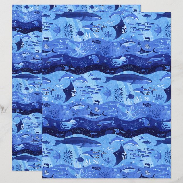 Ocean Depth Zones - Marine Animals Scrapbook Paper (Fram/baksida)