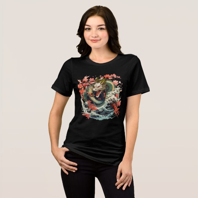 Ocean Dragon with Sakura and Waves T Shirt (Framsida Full)