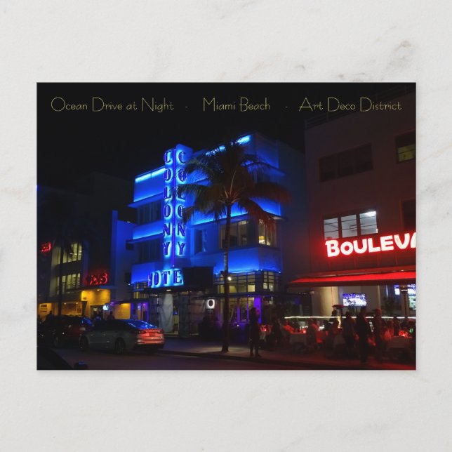 Ocean Drive Miami Beach Art Deco-distriktet på nat Vykort (Framsida)