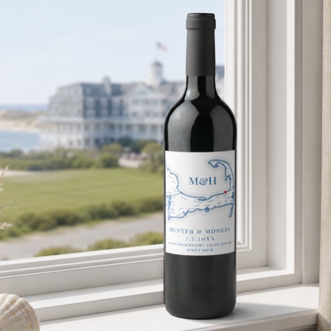 Ocean Edge Resort Bröllop Cape Cod Karta   Vinflaska Etikett (Ocean Edge Resort Wedding Favor Cape Cod Map Wine Bottle Label for Welcome Bag by Coastal Map Design)