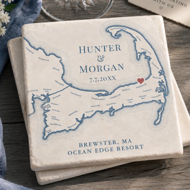 Ocean Edge Resort Bröllopsgåva Cape Cod Karta Stenunderlägg (Ocean Edge Resort Wedding Favor Cape Cod Map Stone Coaster by Coastal Map Designs)