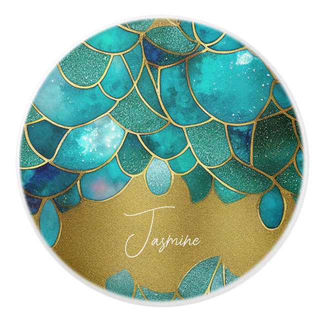 Ocean färg gems faux golden and glam custom name knopp (Framsidan)