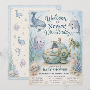 Ocean Future Diver Baby Shower Inbjudan m/ bäddmad