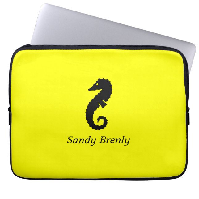 Ocean Glow_Black-on-Gult Seahorse_personlig Laptop Sleeve (Framsidan)