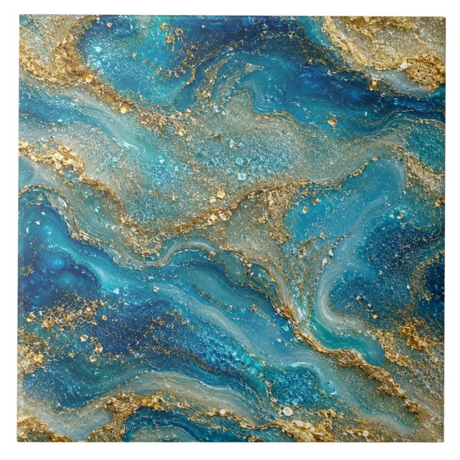 Ocean Gold Flow – Lyxig Blå Turkos Abstrakt Kakelplatta (Framsidan)