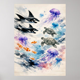 Ocean Harmony Akvarell Marinliv Konst Poster