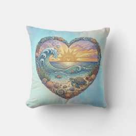 Ocean Heart Coastal Wave Sea Turtle Beach Sunset Kudde