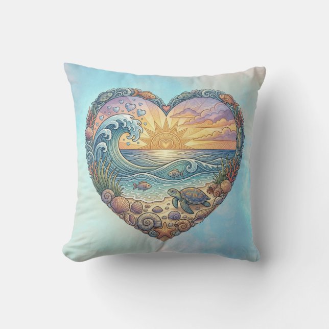 Ocean Heart Coastal Wave Sea Turtle Beach Sunset Kudde (Framsida)