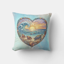 Ocean Heart Coastal Wave Sea Turtle Beach Sunset Kudde