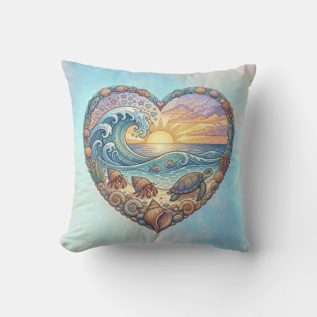 Ocean Heart Coastal Wave Sea Turtle Beach Sunset Kudde (Framsida)