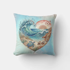Ocean Heart Coastal Wave Sea Turtle Beach Sunset Kudde
