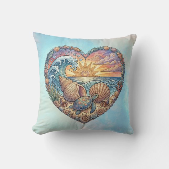 Ocean Heart Coastal Wave Sea Turtle Beach Sunset Kudde (Framsida)
