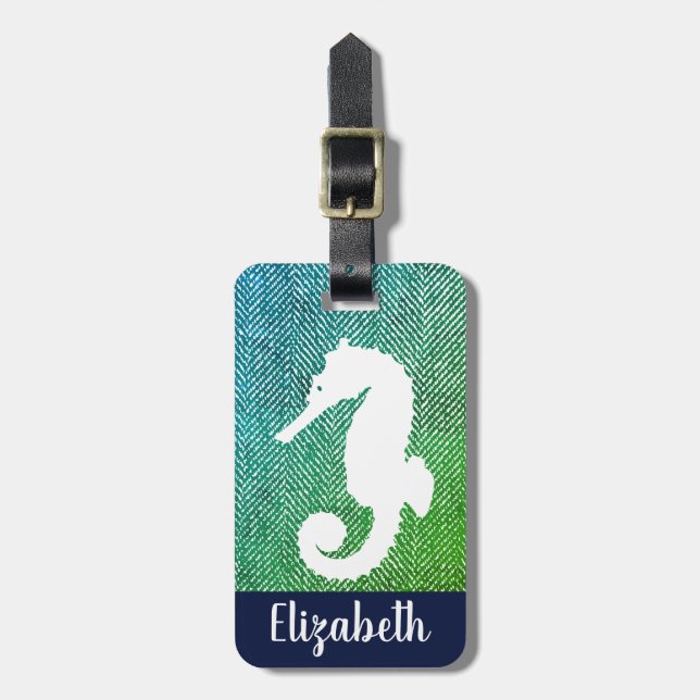 Ocean Hues Herringbone & White Seahorse Bagagebricka (Vertikal Framsida)