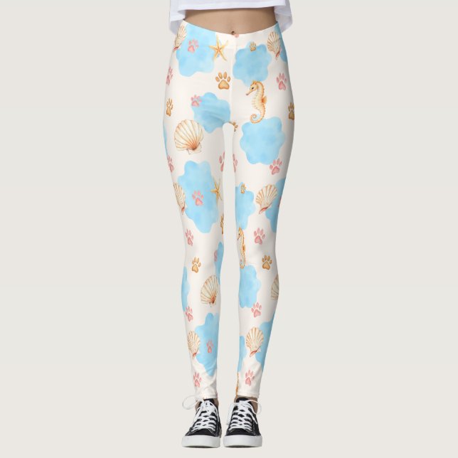 Ocean-Inspired Paw Skriv ut Mönster med Seahorse 2 Leggings (Framsida)