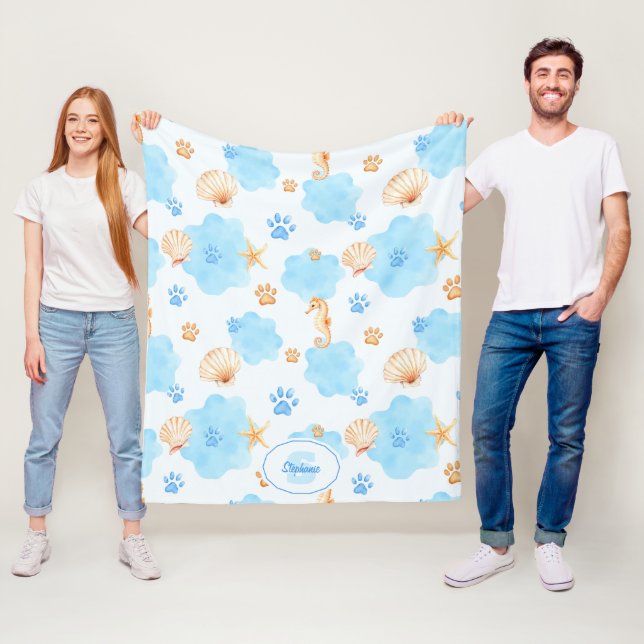 Ocean-Inspired Paw Skriv ut Mönster med sjöhästar Fleecefilt (På plats)