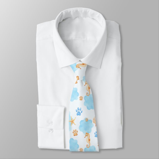 Ocean-Inspired Paw Skriv ut Mönster med sjöhästar Slips (Bunden)