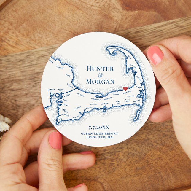 Ocean Kant Brewster MORSA Cape Cod Bröllop Underlägg Papper Rund (Brewster MA Ocean Edge Resort Cape Cod Map Wedding Favor Coaster in elegant navy blue)