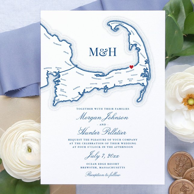 Ocean Kant Resort Brewster MORSA Bröllop Inbjudningar (These Cape Cod map wedding invites are perfect for your Ocean Edge Resort wedding in Brewster)